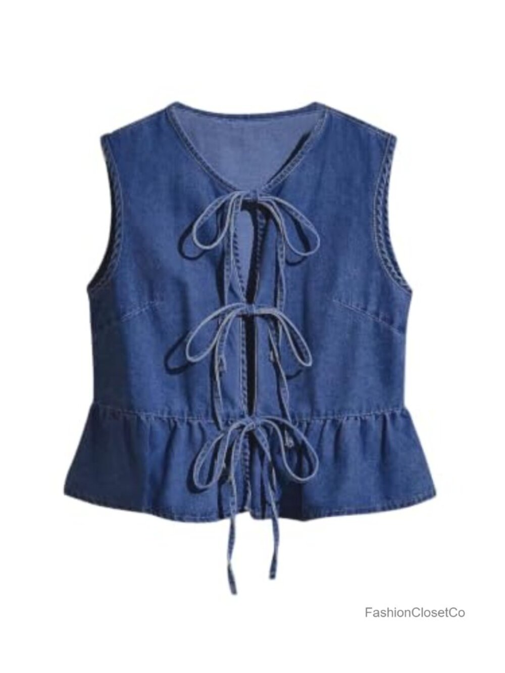 Women's Denim Vest Tie Front Ruffle Hem Peplum Medium